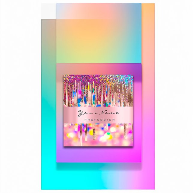 Cartão De Visita Quadrado Makeup Lashes Unhas Rosa Unidades Holográficas do  (Makeup Lashes Nails Pink Unicorn Holograph Drips Square Business Card)