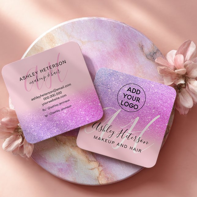 Cartão De Visita Quadrado Makeup Pink purple glitter logo monogram (Makeup Pink purple glitter logo monogram Square Business Card)