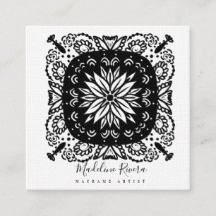 Cartão De Visita Quadrado Mandala de Yoga Floral Preto e Branco