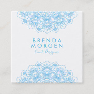 Cartão De Visita Quadrado mandala floral Luz-azul e branca