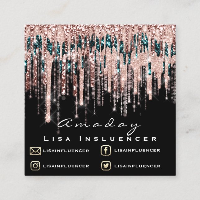 Cartão De Visita Quadrado Manicure Nail Artist Dripe Glitter Social Rosa Bla (Frente)