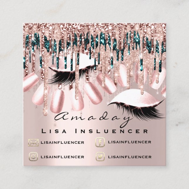 Cartão De Visita Quadrado Manicure Nail Artist Glitter Social Rosa (Frente)