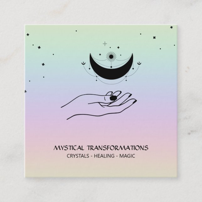 Cartão De Visita Quadrado *~* Mão Celestial Luna Lua Magia Boho Arco-íris (Frente)