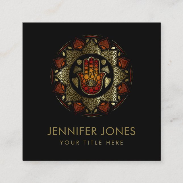 Cartão De Visita Quadrado Mão de Hamsa - Mão de Fátima em Lotus mandala (Frente)