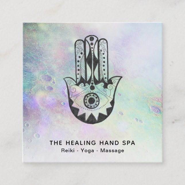 Cartão De Visita Quadrado *~* Mão Hamsa das Crateras Fátimas da Lua Arco-Íri (Frente)