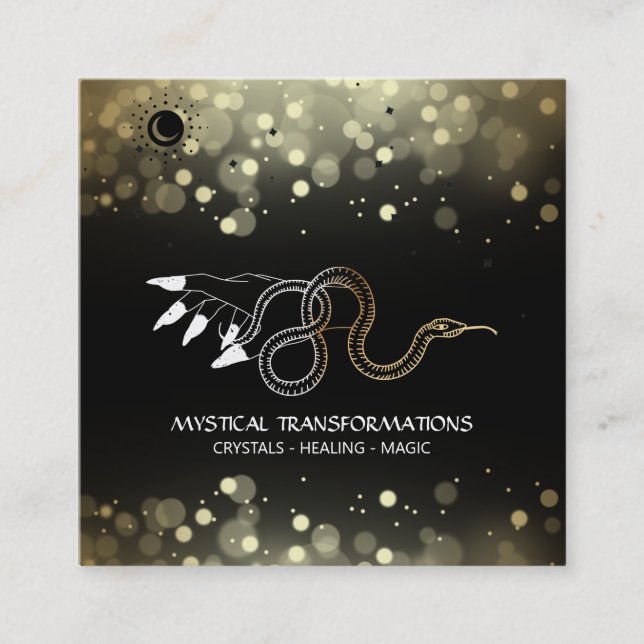 Cartão De Visita Quadrado *~* Mão Testemunha Dourada Cobra da Lua Magia Negr (Frente)