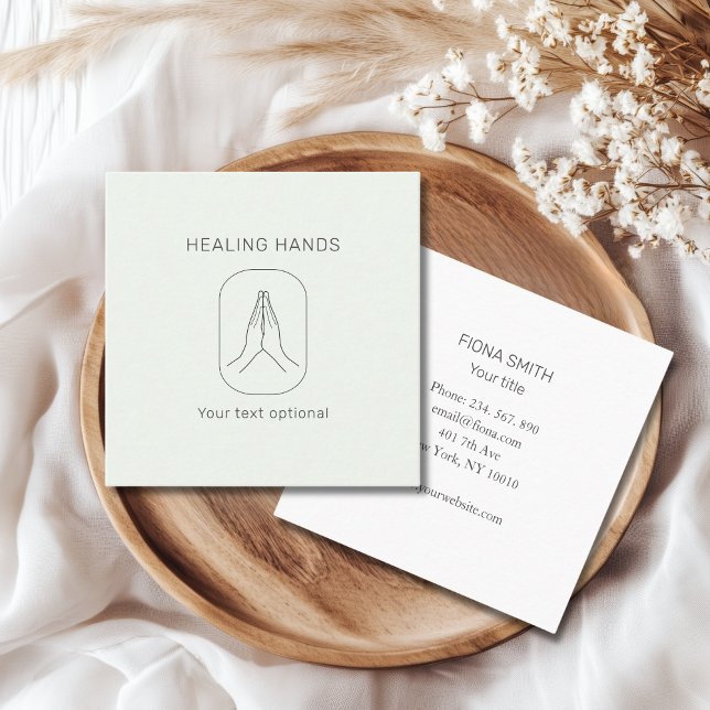 Cartão De Visita Quadrado Mãos Cinzas Verdes Claras (Hands Illustration Light Green White)