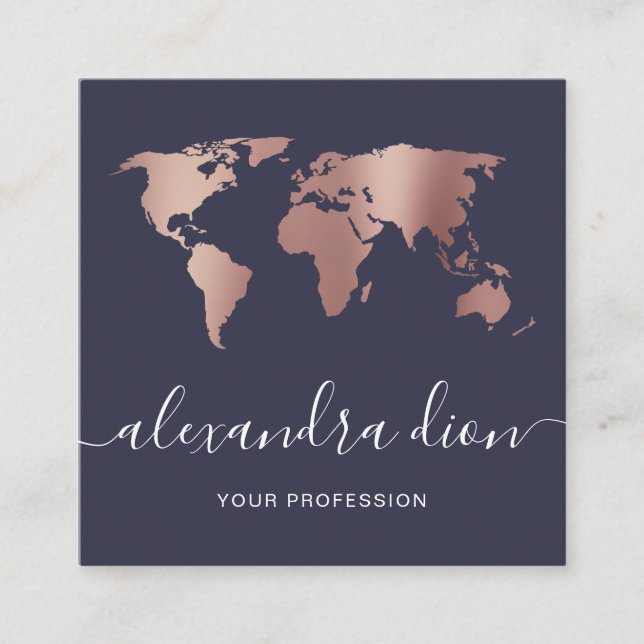 Cartão De Visita Quadrado Mapa do mundo azul rosa de ouro mínimo elegante (Frente)