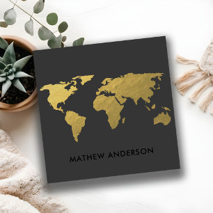 CARTÃO DE VISITA QUADRADO MAPA DO MUNDO NEGRO DO FAUX DOURADO ELEGANTE PERSO