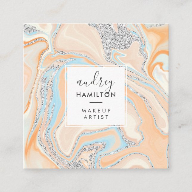 Cartão De Visita Quadrado Maquete azul-marmormo-prateado Elegante (Frente)