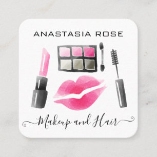 Cartão De Visita Quadrado Maquiador de Olhos e Lábios Glam Branco e Rosa