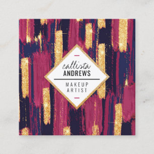 Cartão De Visita Quadrado Maquiagem de Tinta Dourada Luminosa Roxa-Mole Azul