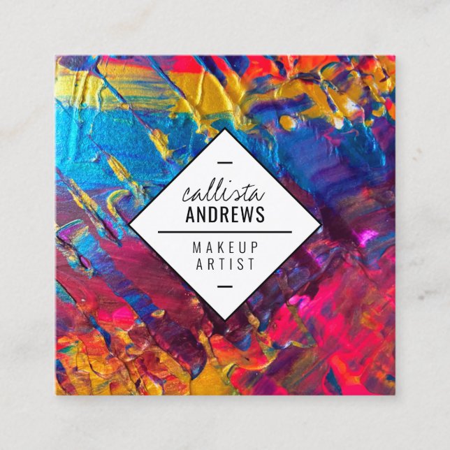 Cartão De Visita Quadrado Maquiagem de Tintas Douradas  Púrpuras Neon Rosa A (Frente)