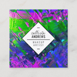 Cartão De Visita Quadrado Maquiagem de Tintas Metálicas Verdes Roxas Neon Sm