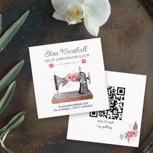 Cartão De Visita Quadrado Máquina de Costura Vintage Floral Boho e Código QR