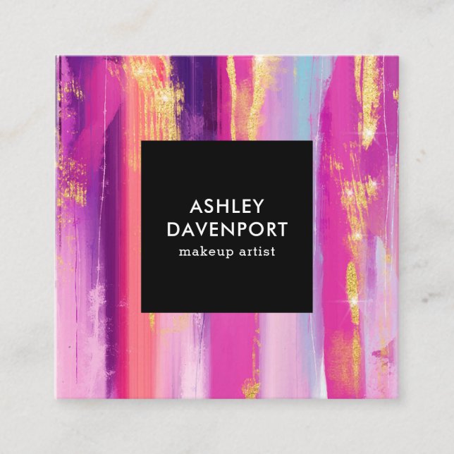 Cartão De Visita Quadrado Maquinaria de pincéis rosados e dourados (Frente)