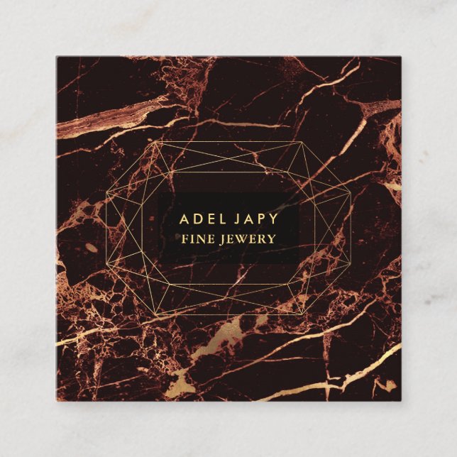 Cartão De Visita Quadrado Marble Masala Red+Faux Dourado Gemstone Facet (Frente)