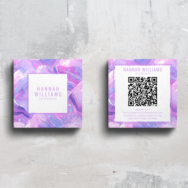 Cartão De Visita Quadrado Marble Purple Pink Agate QR Code Girly Trendy (Criador carregado)