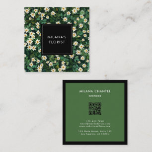 Cartão De Visita Quadrado Margarida Branca Verde Moderno Boho Flor Florista