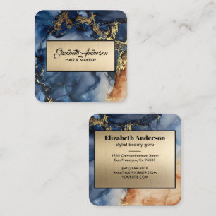 Cartão De Visita Quadrado Marinho Azul e Dourado Glitter Marble Agate Modern