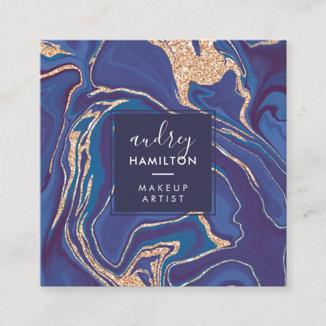 Cartão De Visita Quadrado Marinho azul mármore rosa dourado maquiagem modern (Frente)