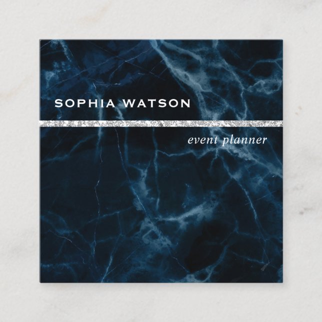 Cartão De Visita Quadrado Marinho Azul Marmorre Branco (Frente)