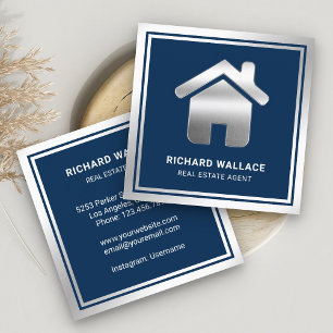 Cartão De Visita Quadrado Marinho Blue Silver Foil Home Logotipo Imobiliári