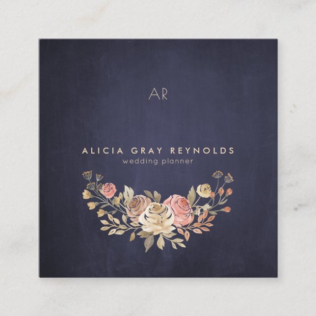 Cartão De Visita Quadrado Marinho Monograma Planner Floral de Casamento com  (Frente)