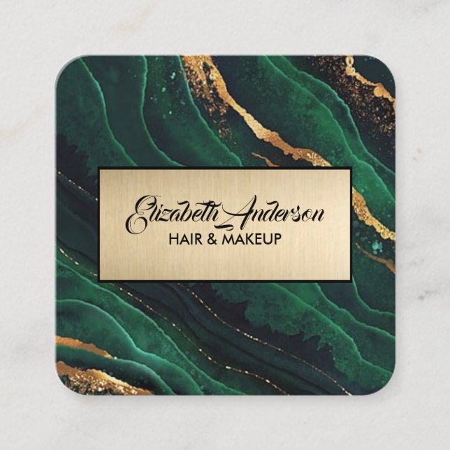 Cartão De Visita Quadrado Marinho Verde e Dourado Glitter Marble Agate Moder (Frente)
