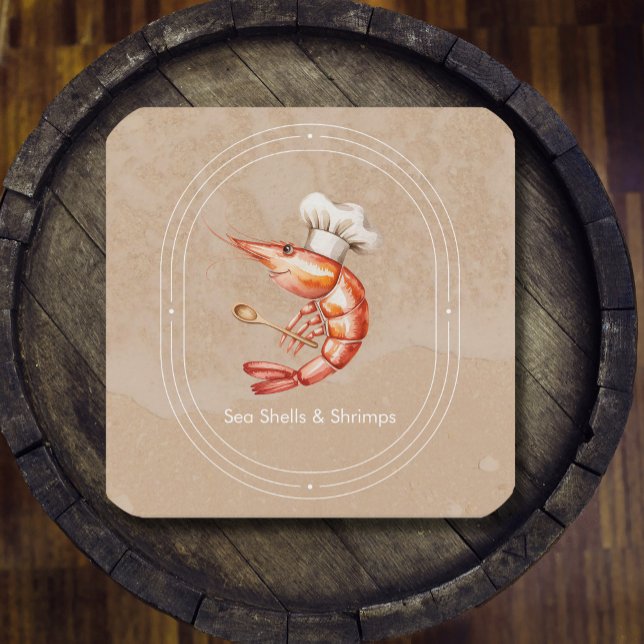 Cartão De Visita Quadrado Marisco/Estilo Costeiro de Praia (Watercolor Seafood / Coastal Beach Style Square Business Card #zazzlemade #shrimpsrestaurant #shef)