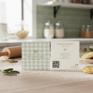 Cartão De Visita Quadrado Marketing QR de Padaria Xadrez Verde Chic