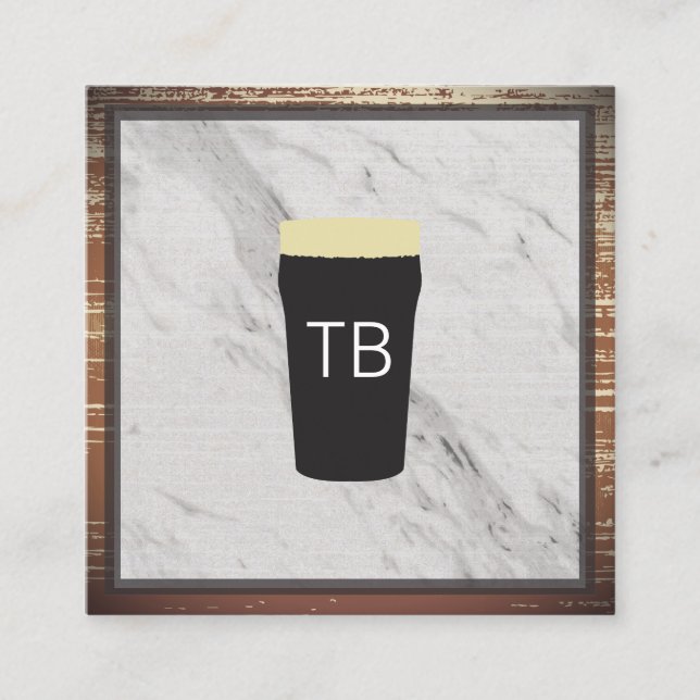 Cartão De Visita Quadrado Mármore com Trim de Madeira e Monograma (Frente)