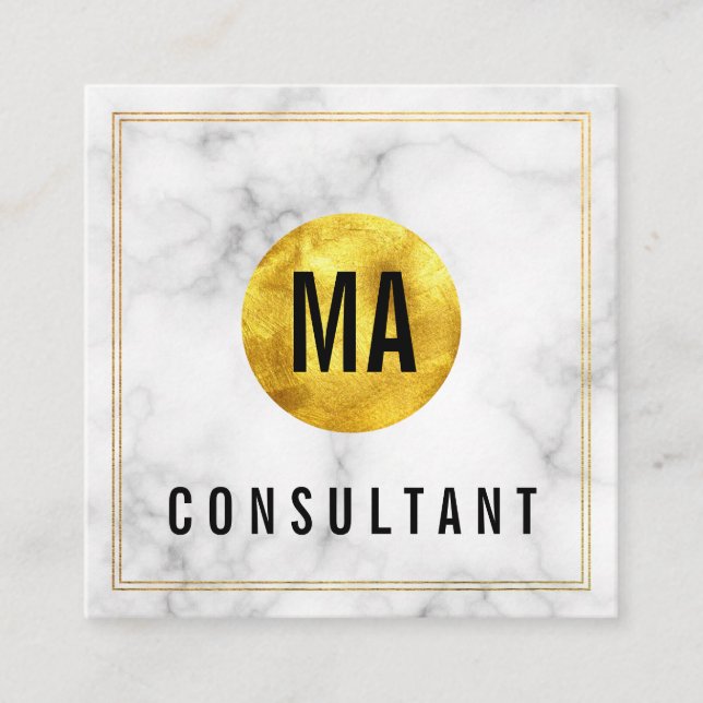 Cartão De Visita Quadrado Mármore do Círculo Dourado do Monograma (Frente)