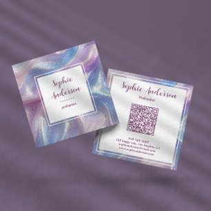 Cartão De Visita Quadrado Mármore Iridescente Pastel com Código Qr