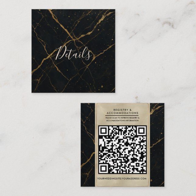 Cartão De Visita Quadrado Mármore Meia-Noite Dourado Preto & Dourado Casamen (Frente/Verso)