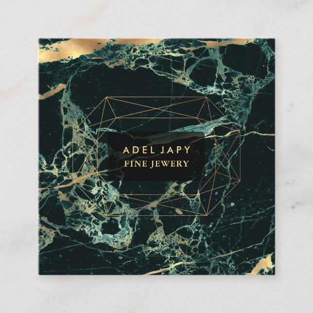 Cartão De Visita Quadrado Mármore Verde-Teal + Falso Diamante de Pedra Preci (Frente)