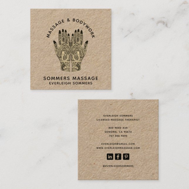 Cartão De Visita Quadrado Massage Therapist Body Work Mehndi Henna Kraft Squ (Frente/Verso)