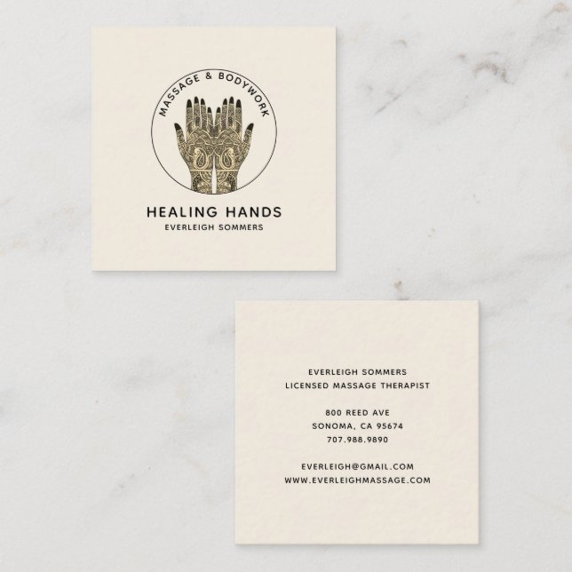 Cartão De Visita Quadrado Massage Therapy Classic Cream Business Card (Frente/Verso)