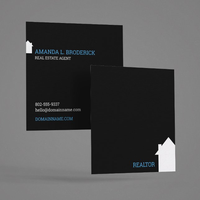 Cartão De Visita Quadrado Mediador Preto Imobiliário Moderado e Simples (Modern black square Real Estate Agent Business Card)