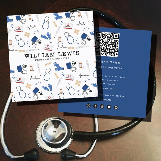 Cartão De Visita Quadrado Médico Médico Moderno Enfermeiro Código QR (Modern Medical Doctor Nurse QR Code Square Business Card)