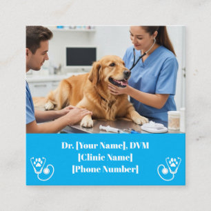 Cartão De Visita Quadrado Médico Veterinário Azul Moderno e Pet