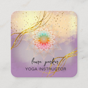 Cartão De Visita Quadrado Meditação Dourada de Mandala Roxa Elegante Holísti