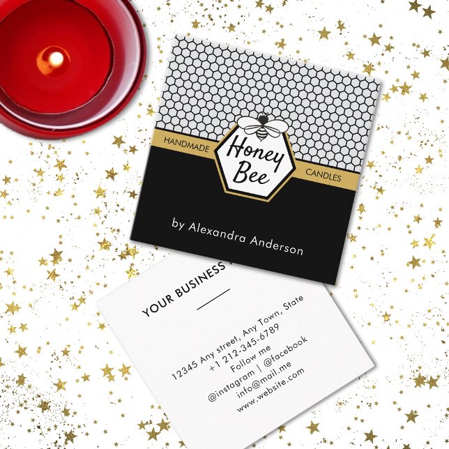 Cartão De Visita Quadrado Mel Moderno Abelha Apiária Amarelo Negro (Modern Honey Bee Apiary Honeycomb Black Yellow Square Business Card)