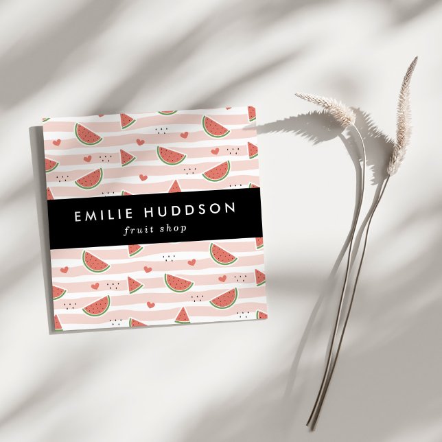 Cartão De Visita Quadrado Melancias Vermelhas, Corações, Stripes, Seu Nome (Criador carregado)