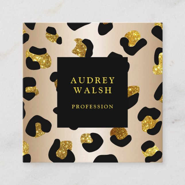 Cartão De Visita Quadrado Menina Glittery Faux Dourado Leopard, Luxo (Frente)