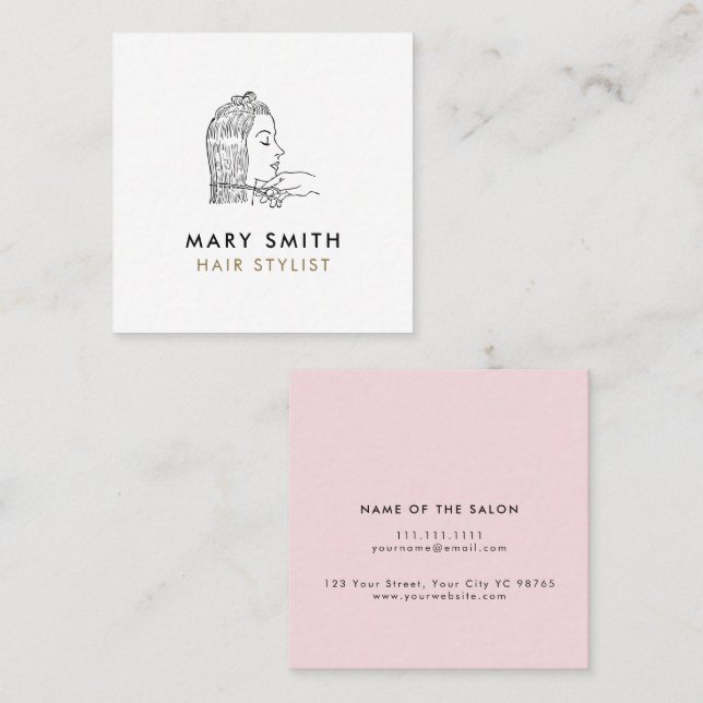 Cartão De Visita Quadrado Minimal Elegant Pink White  Hair Square (Frente/Verso)