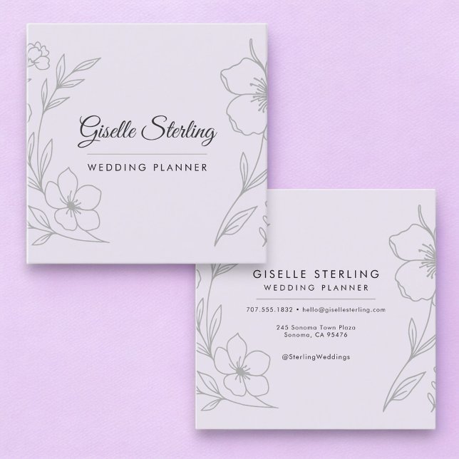 Cartão De Visita Quadrado Minimalist Botanical Lilac Purple Wedding Planner (Criador carregado)