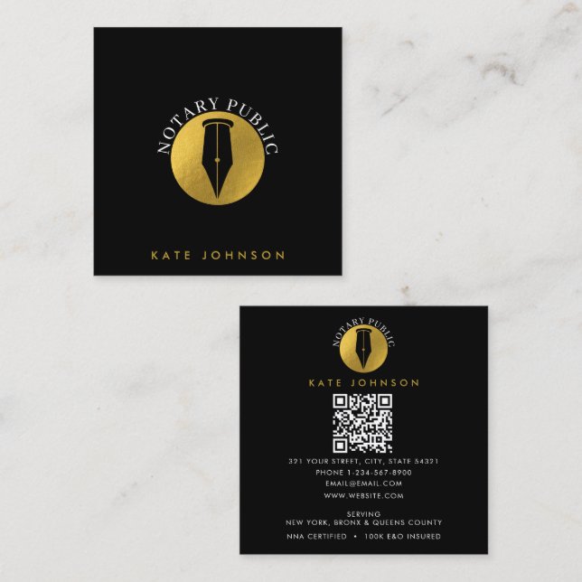 Cartão De Visita Quadrado Minimalist Notary Service Signing Agent Logo Gold (Frente/Verso)