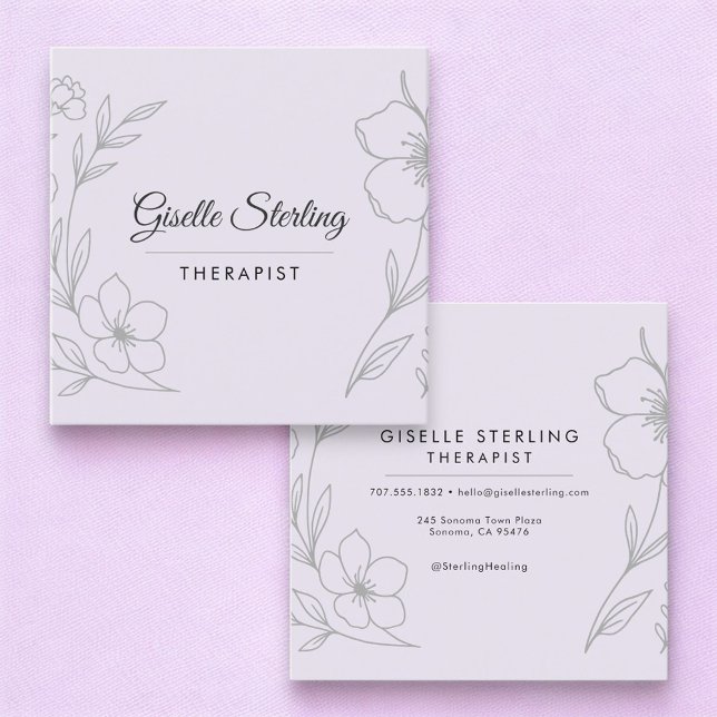 Cartão De Visita Quadrado Minimalist Therapist Botanical Lilac Purple  (Criador carregado)