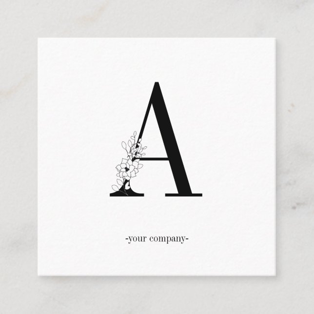 Cartão De Visita Quadrado Minimalistic flores monograma preto sabe (Frente)